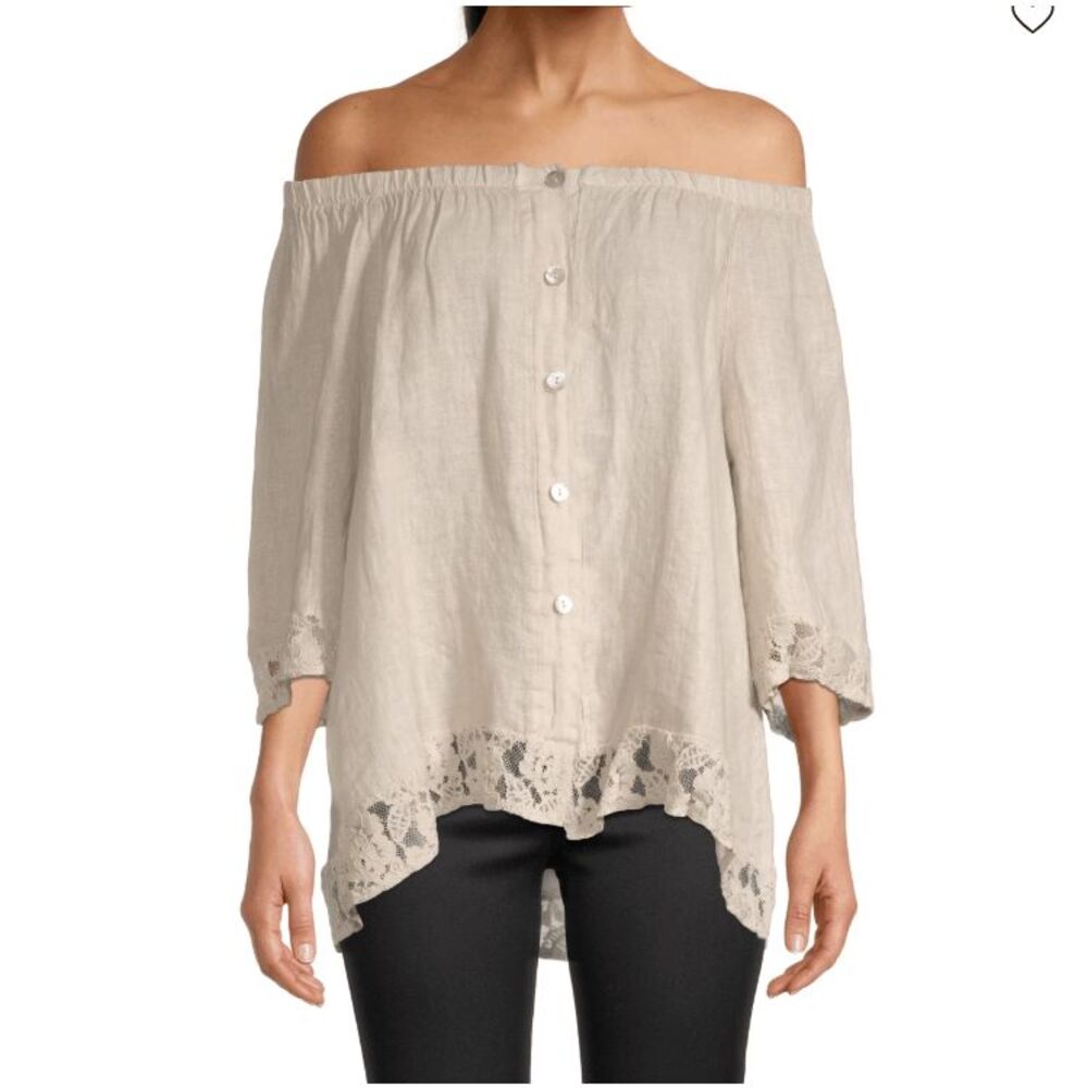 Saks Fifth Avenue Linen and Lace‎ Off the Shoulder Blouse Cream Tan Medium Top